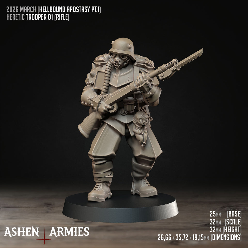 Ashen Armies Hellbound Apostasy Heretic Trooper resin miniature with gas mask and rifle with bayonet, and dead baby hanging from waist. Showing stats.