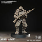 Ashen Armies Hellbound Apostasy Heretic Trooper resin miniature with gas mask and rifle with bayonet, and dead baby hanging from waist. Showing stats.