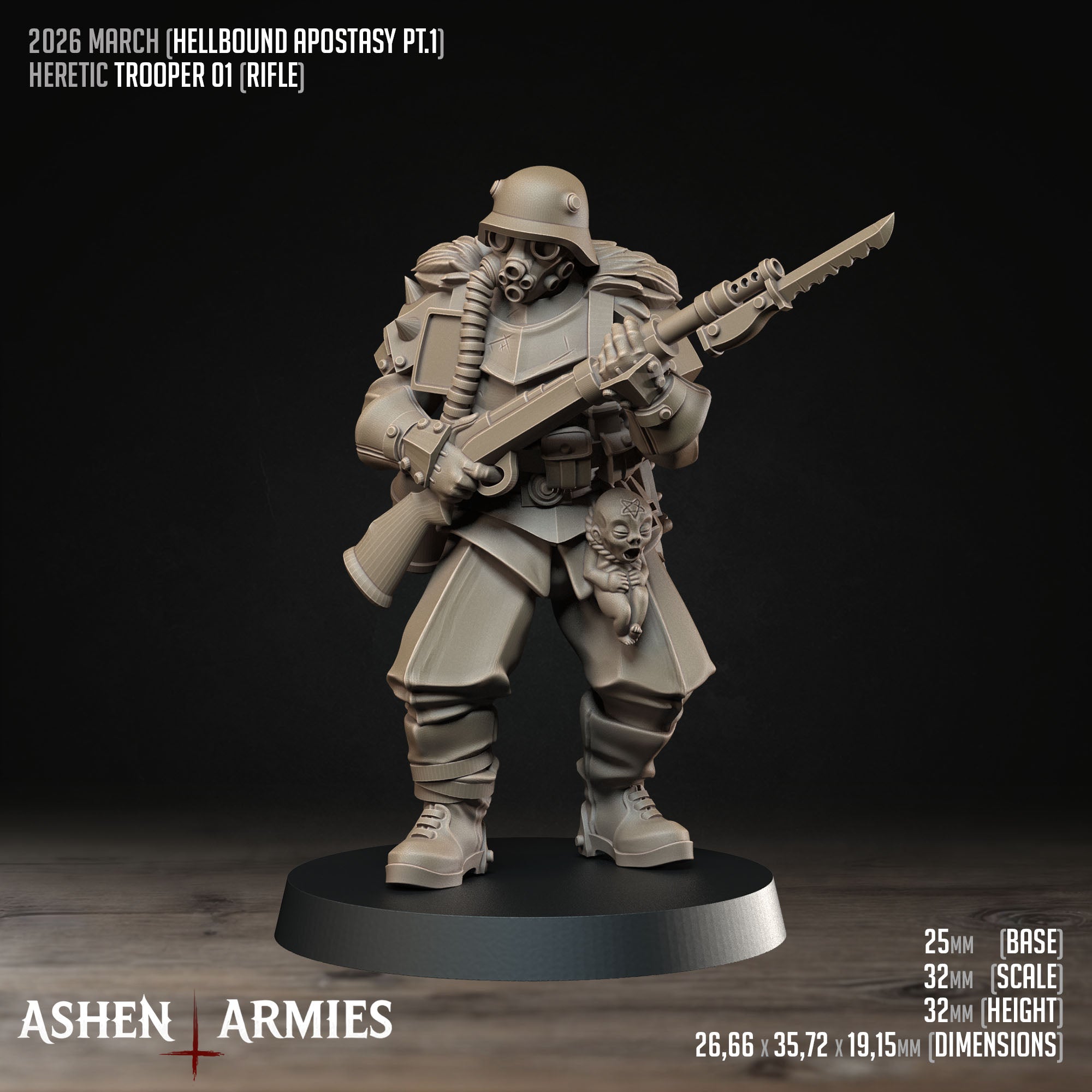 Ashen Armies Hellbound Apostasy Heretic Trooper resin miniature with gas mask and rifle with bayonet, and dead baby hanging from waist. Showing stats.
