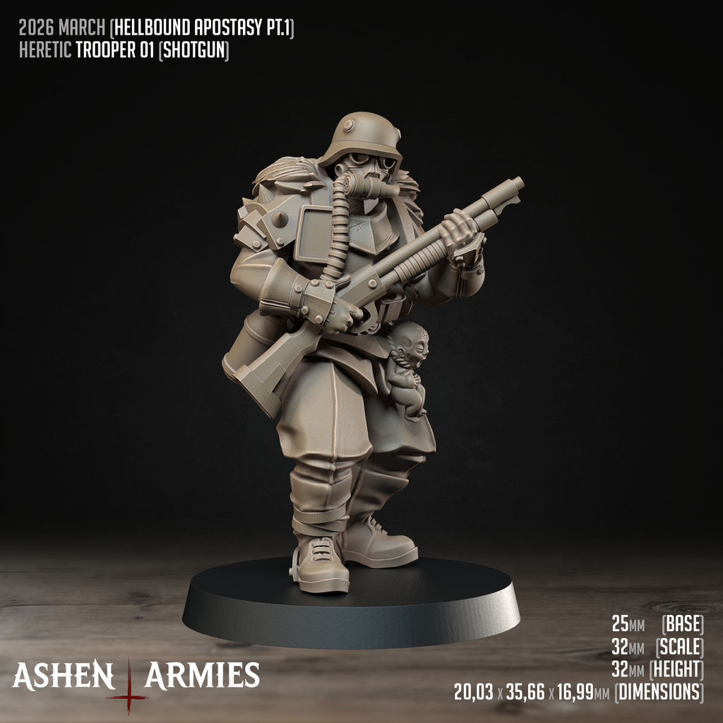 Ashen Armies Hellbound Apostasy Heretic Trooper resin miniature with gas mask and shotgun. Showing stats.