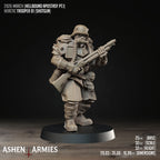Ashen Armies Hellbound Apostasy Heretic Trooper resin miniature with gas mask and shotgun. Showing stats.