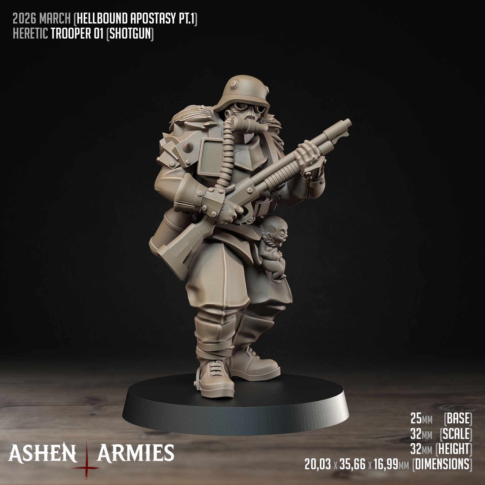 Ashen Armies Hellbound Apostasy Heretic Trooper resin miniature with gas mask and shotgun. Showing stats.