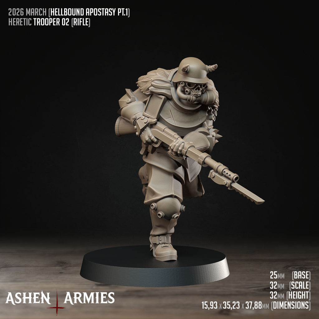 Ashen Armies Hellbound Apostasy Heretic Trooper resin miniature with gas mask and rifle with bayonet, running right. Showing stats.
