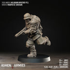 Ashen Armies Hellbound Apostasy Heretic Trooper resin miniature with helmet and shotgun, running left. Showing stats.
