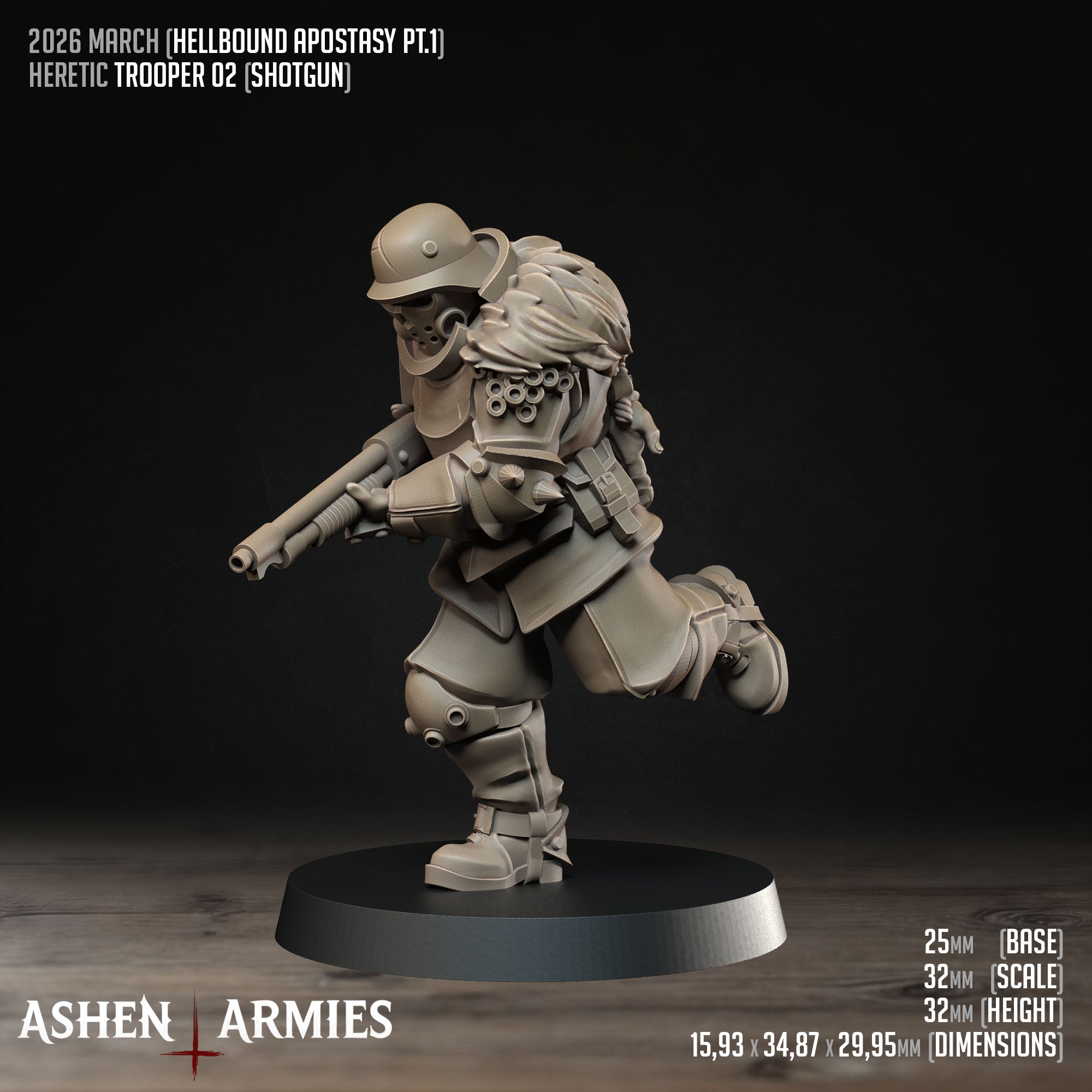 Ashen Armies Hellbound Apostasy Heretic Trooper resin miniature with helmet and shotgun, running left. Showing stats.
