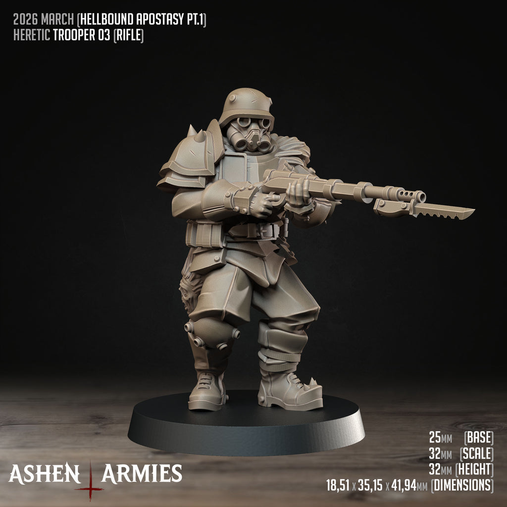 Ashen Armies Hellbound Apostasy Heretic Trooper resin miniature with gas mask and rifle with bayonet, in heavy armour. Showing stats.