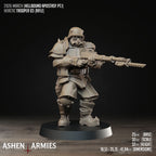 Ashen Armies Hellbound Apostasy Heretic Trooper resin miniature with gas mask and rifle with bayonet, in heavy armour. Showing stats.