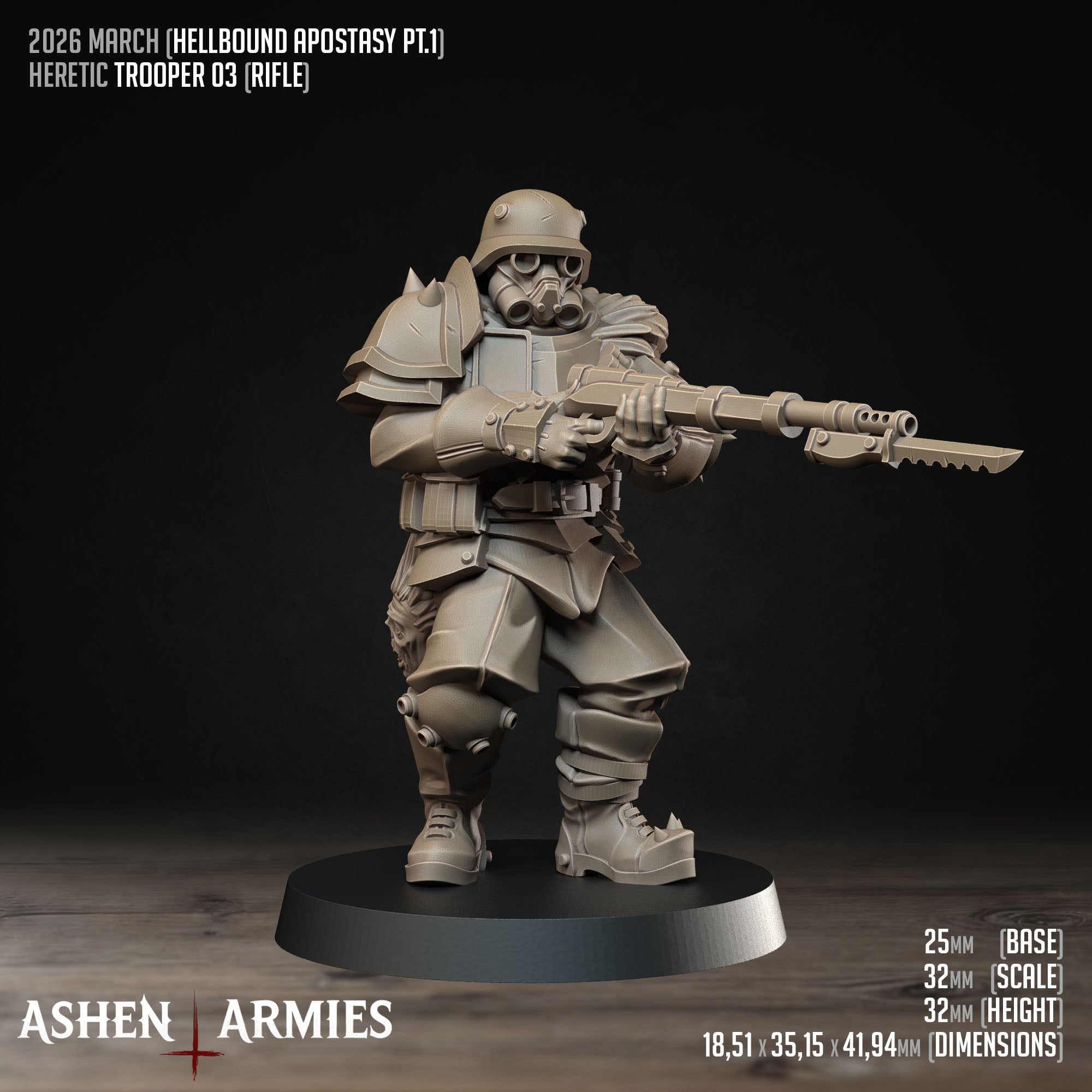 Ashen Armies Hellbound Apostasy Heretic Trooper resin miniature with gas mask and rifle with bayonet, in heavy armour. Showing stats.