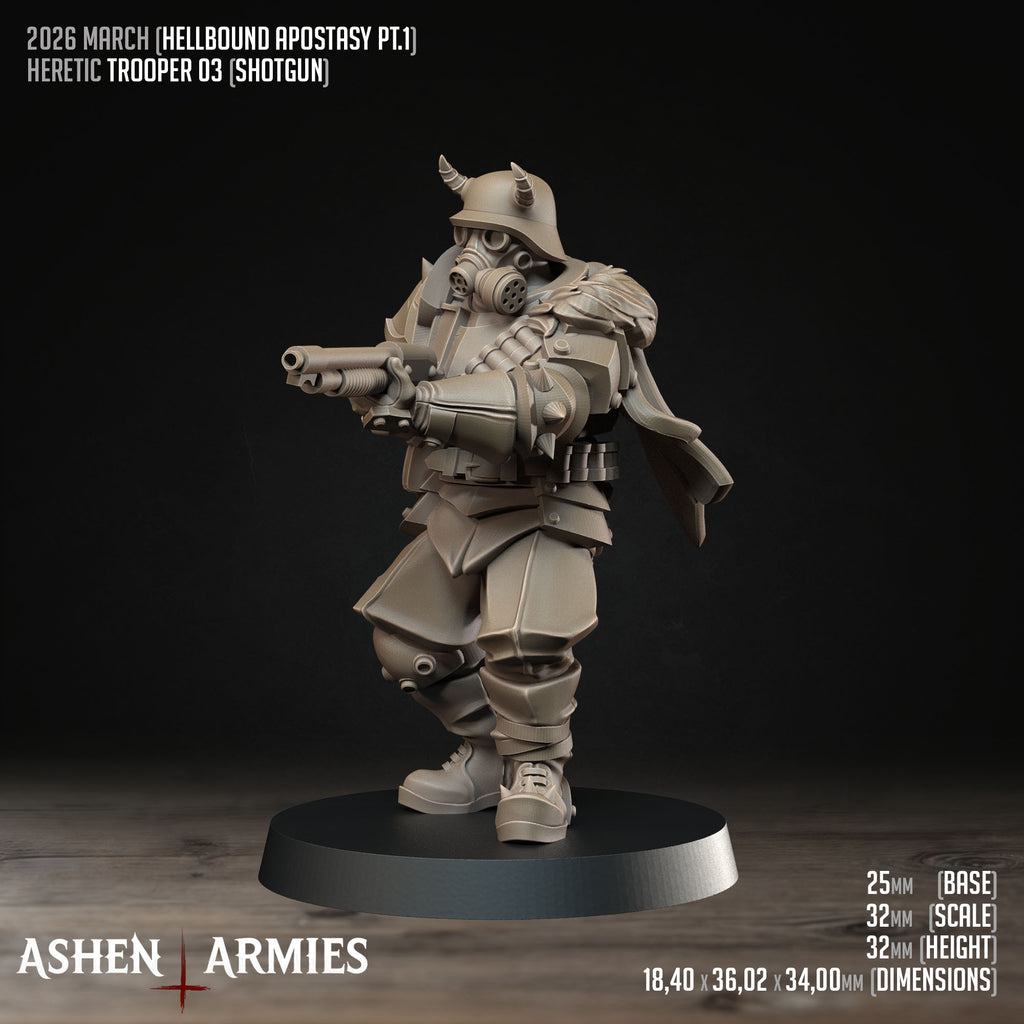 Ashen Armies Hellbound Apostasy Heretic Trooper resin miniature with horned helmet and shotgun, shooting to the left. Showing stats.