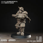 Ashen Armies Hellbound Apostasy Heretic Trooper resin miniature with horned helmet and shotgun, shooting to the left. Showing stats.