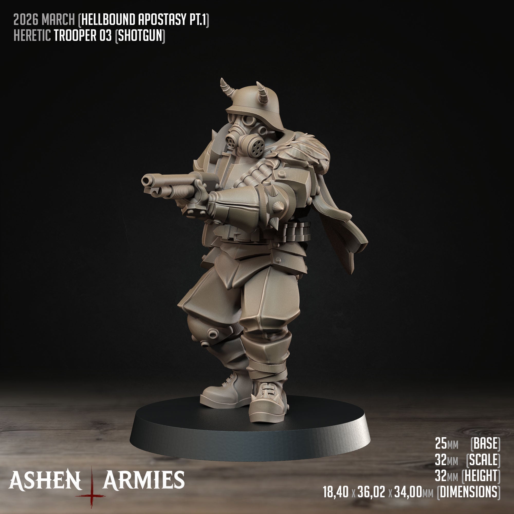 Ashen Armies Hellbound Apostasy Heretic Trooper resin miniature with horned helmet and shotgun, shooting to the left. Showing stats.