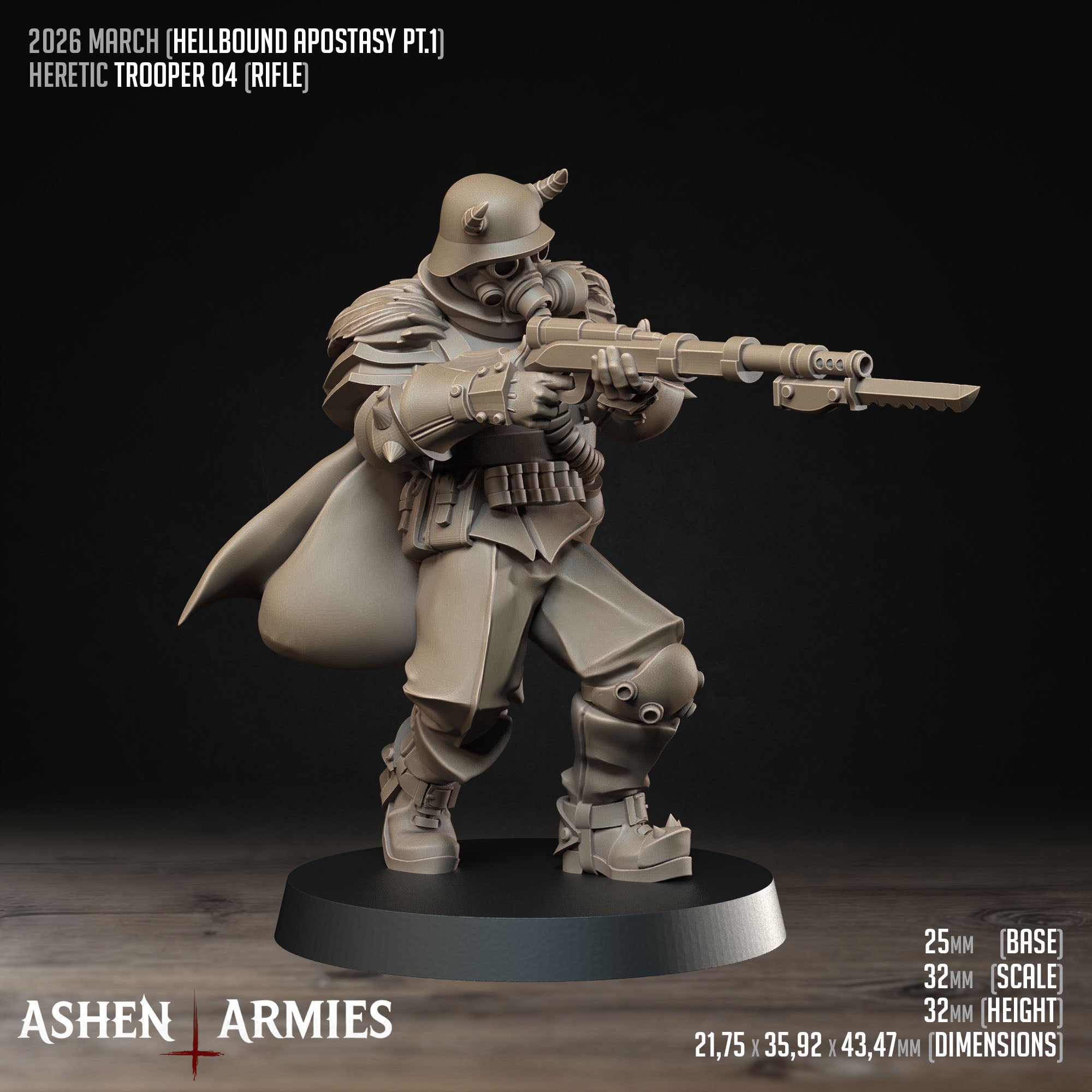 Ashen Armies Hellbound Apostasy Heretic Trooper resin miniature with gas mask and rifle with bayonet, aiming to the right. Showing stats.