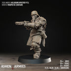 Ashen Armies Hellbound Apostasy Heretic Trooper resin miniature with skull mask and shotgun, aiming left. Showing stats.