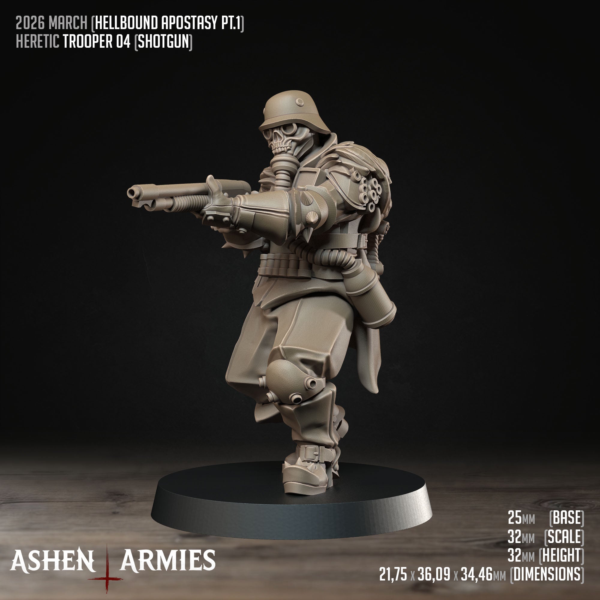 Ashen Armies Hellbound Apostasy Heretic Trooper resin miniature with skull mask and shotgun, aiming left. Showing stats.