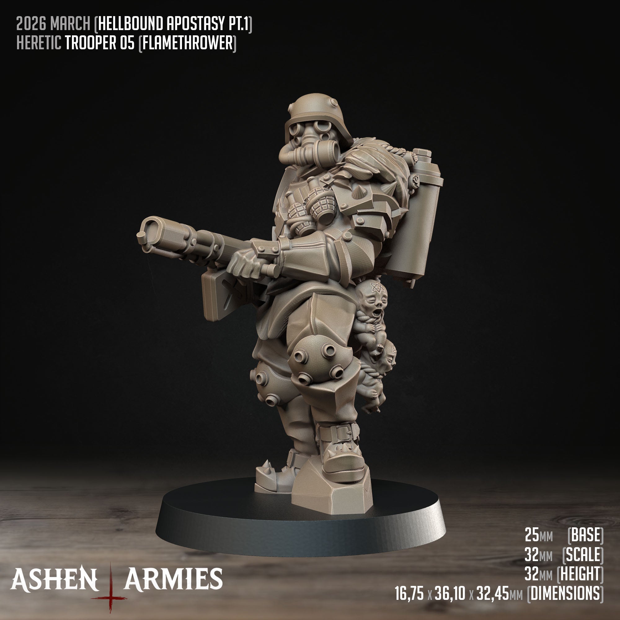 Ashen Armies Hellbound Apostasy Heretic Trooper resin miniature with gas mask and flamethrower. Showing stats.