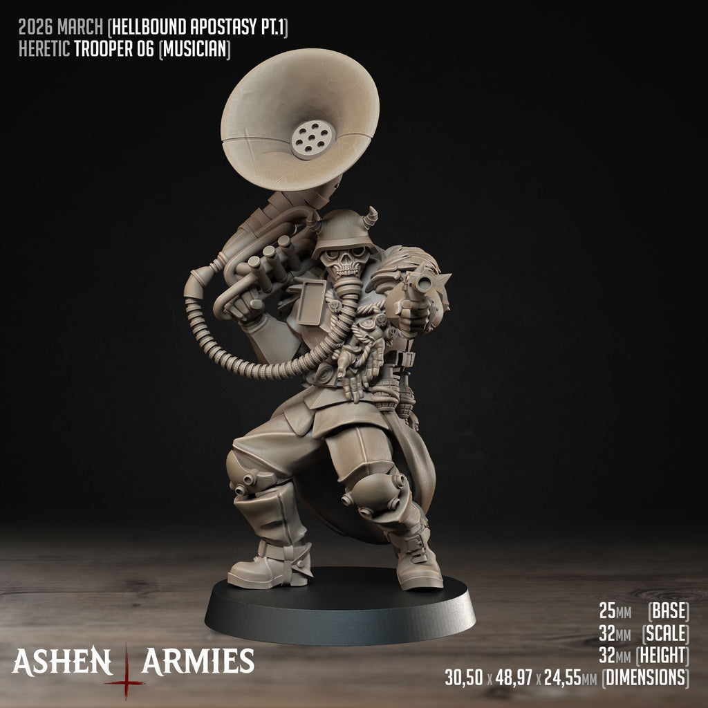 Ashen Armies Hellbound Apostasy Heretic Trooper resin miniature with gas mask and sousaphone, aiming pistol. Showing stats.
