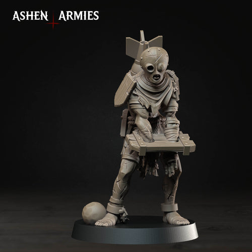 Ashen Armies Bleeding Procession Ecclesiastical Prisoner resin miniature. Masked figure in stocks with bomb strapped to back. Plain background.
