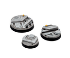 Three painted bases from the Txarli Xeno City set on a plain white background. 25mm, 32mm and 40mm