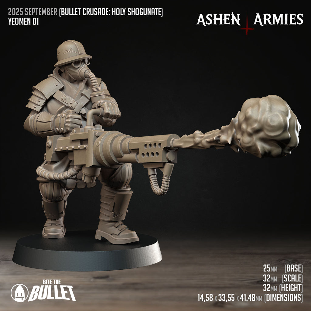 Ashen Armies Holy Shogunate Yeoman resin miniature in gas mask with flamethrower spouting flames, facing to the right. Showing stats.