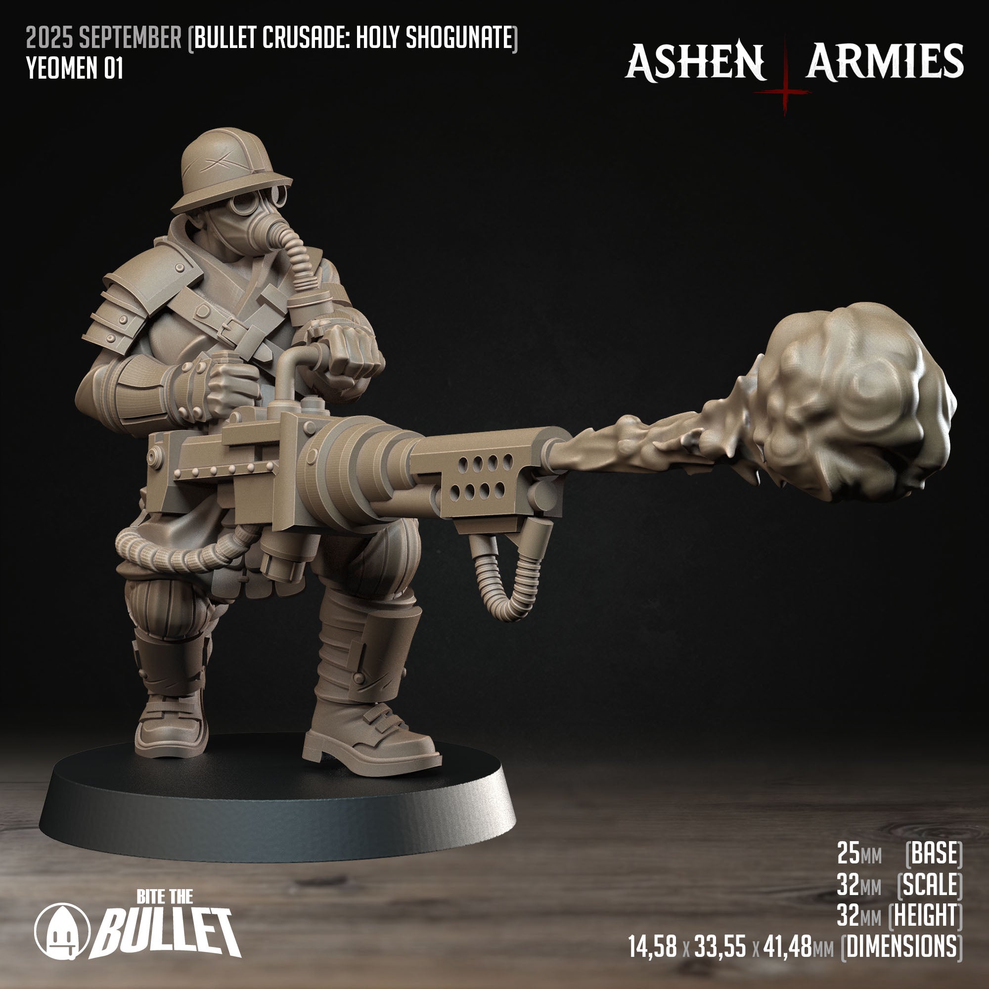 Ashen Armies Holy Shogunate Yeoman resin miniature in gas mask with flamethrower spouting flames, facing to the right. Showing stats.