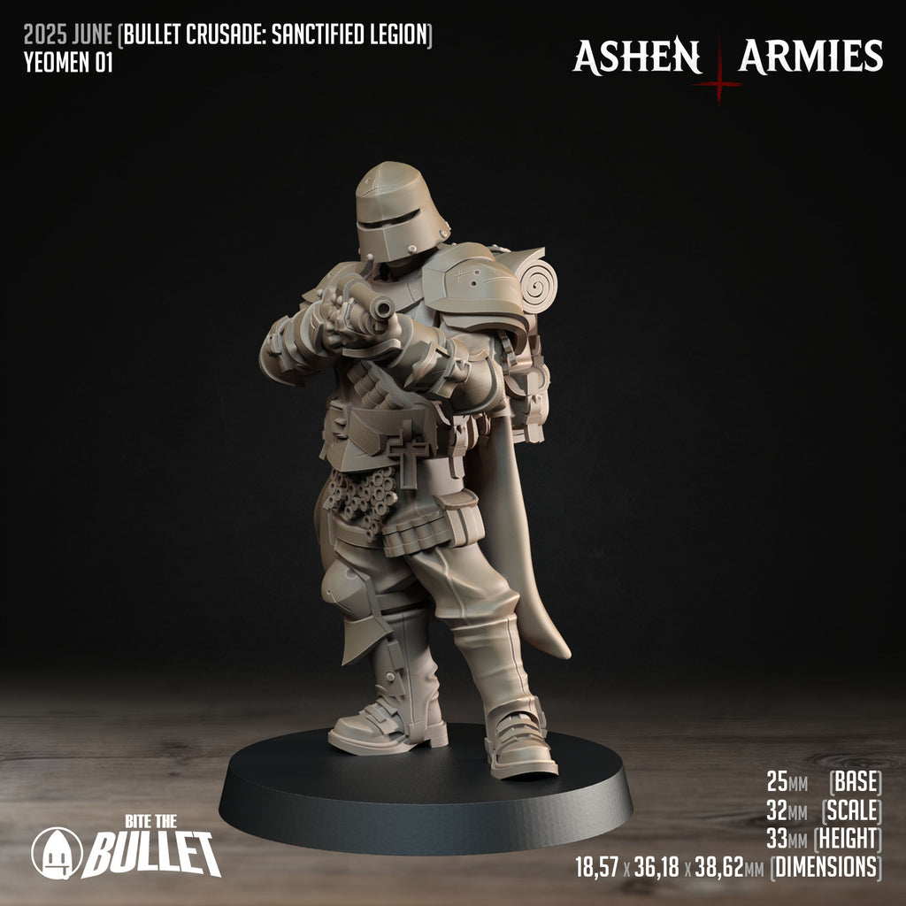 Ashen Armies Sanctified Legion Yeomen resin miniature wearing a helmet.
