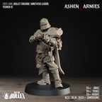 Ashen Armies Sanctified Legion Yeomen resin miniature wearing a helmet.