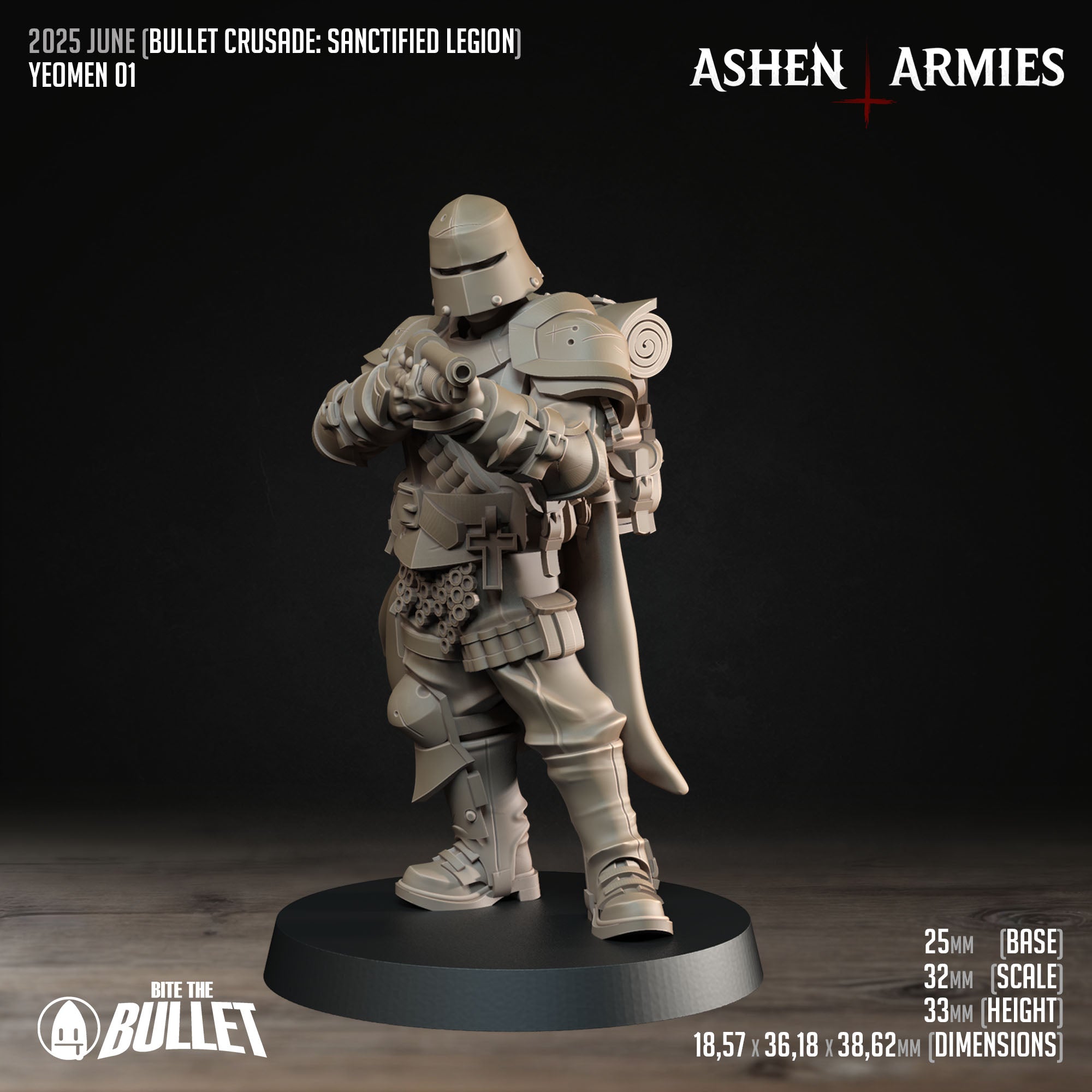 Ashen Armies Sanctified Legion Yeomen resin miniature wearing a helmet.