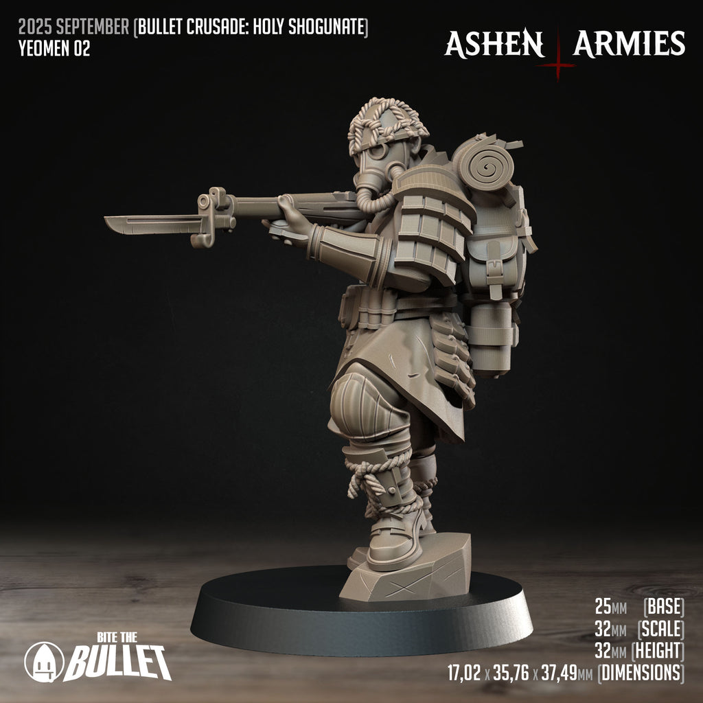 Ashen Armies Holy Shogunate Yeoman resin miniature with rifle and bayonet raised, facing to the left. Showing stats.