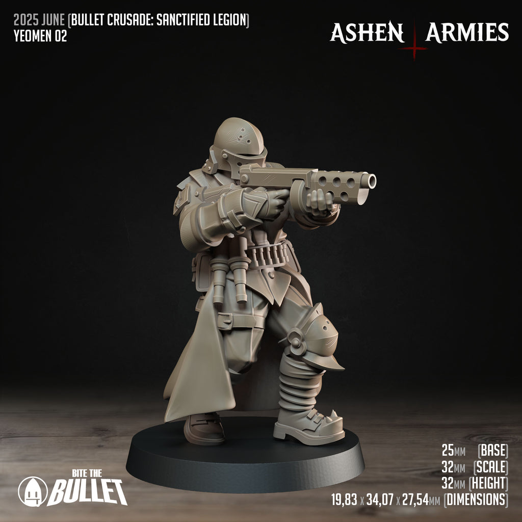 Ashen Armies Sanctified Legion Yeomen resin miniature aiming a weapon. Wearing a long cloak.