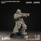 Ashen Armies Sanctified Legion Yeomen resin miniature aiming a weapon. Wearing a long cloak.