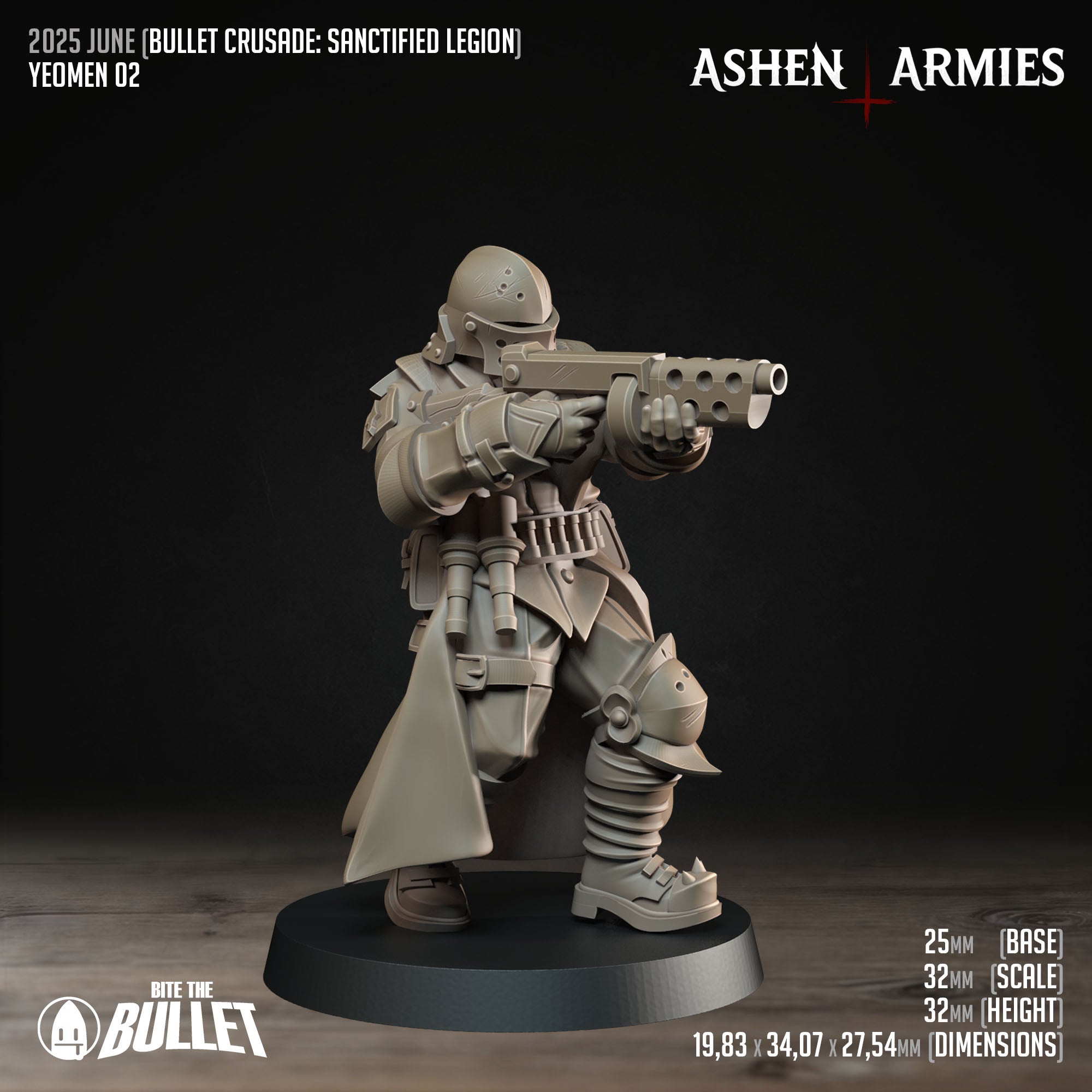 Ashen Armies Sanctified Legion Yeomen resin miniature aiming a weapon. Wearing a long cloak.