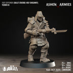 Ashen Armies Holy Shogunate Yeoman resin miniature with rifle and bayonet, facing to the right. Showing stats.