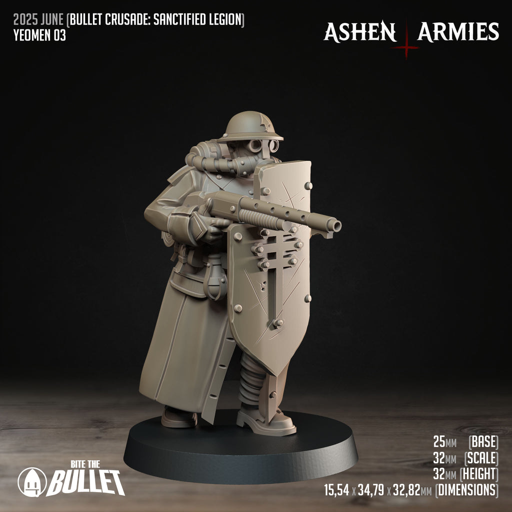 Ashen Armies Sanctified Legion Yeomen resin miniature wearing a gas mask and holding a large shield.