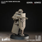 Ashen Armies Sanctified Legion Yeomen resin miniature wearing a gas mask and holding a large shield.