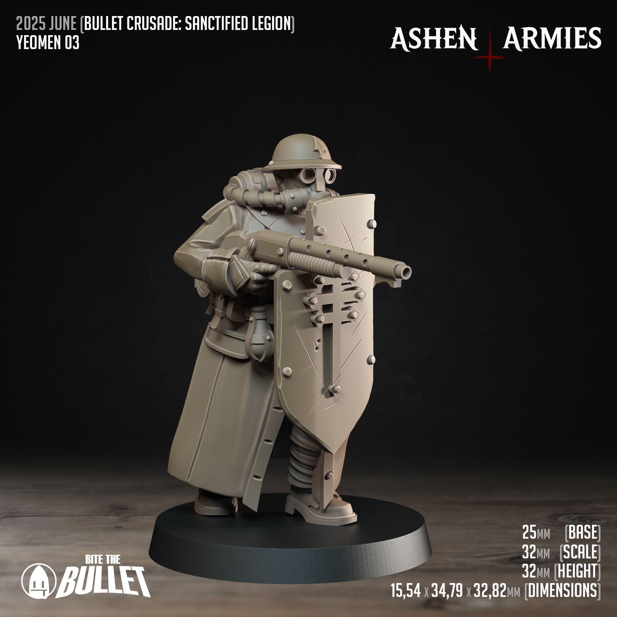 Ashen Armies Sanctified Legion Yeomen resin miniature wearing a gas mask and holding a large shield.
