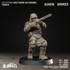 Ashen Armies Holy Shogunate Yeoman resin miniature in helmet and gas mask with shotgun raised, facing to the right. Showing stats.