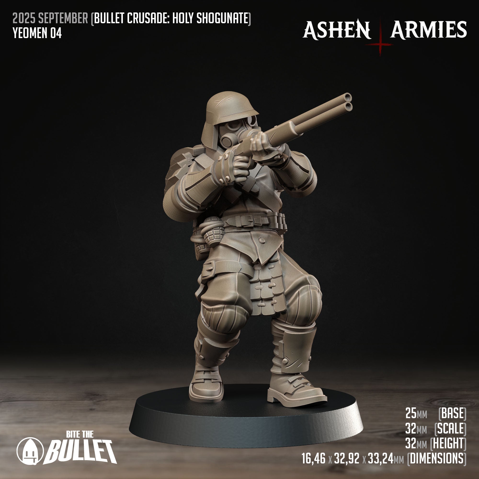 Ashen Armies Holy Shogunate Yeoman resin miniature in helmet and gas mask with shotgun raised, facing to the right. Showing stats.