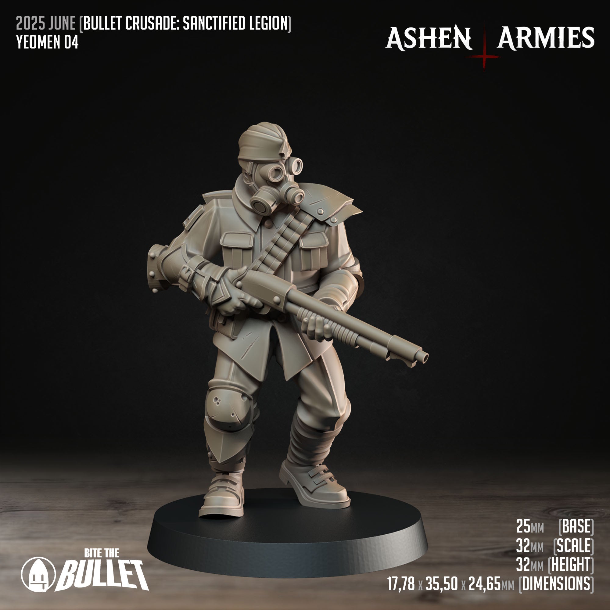 Ashen Armies Sanctified Legion Yeomen resin miniature wearing a gas mask.