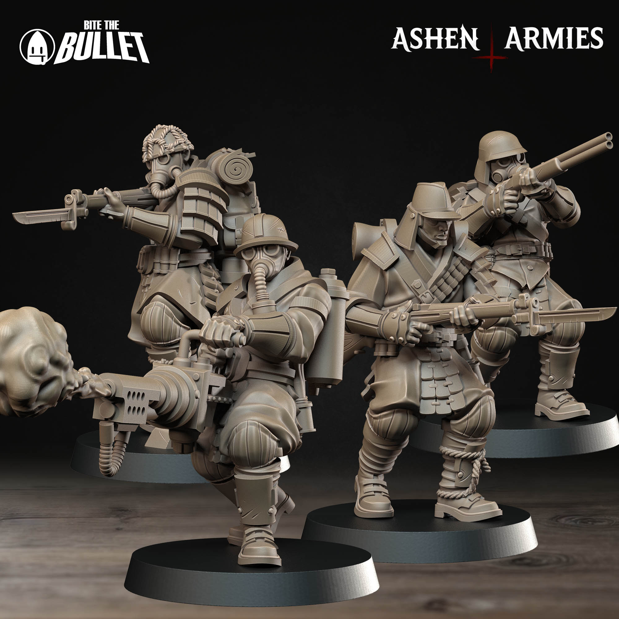Four Ashen Armies Holy Shogunate Yeomen resin miniatures in a variety of poses on a plain background.