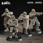 Ashen Armies Sanctified Legion Yeoman resin miniatures. Four yeomen with guns facing forward.