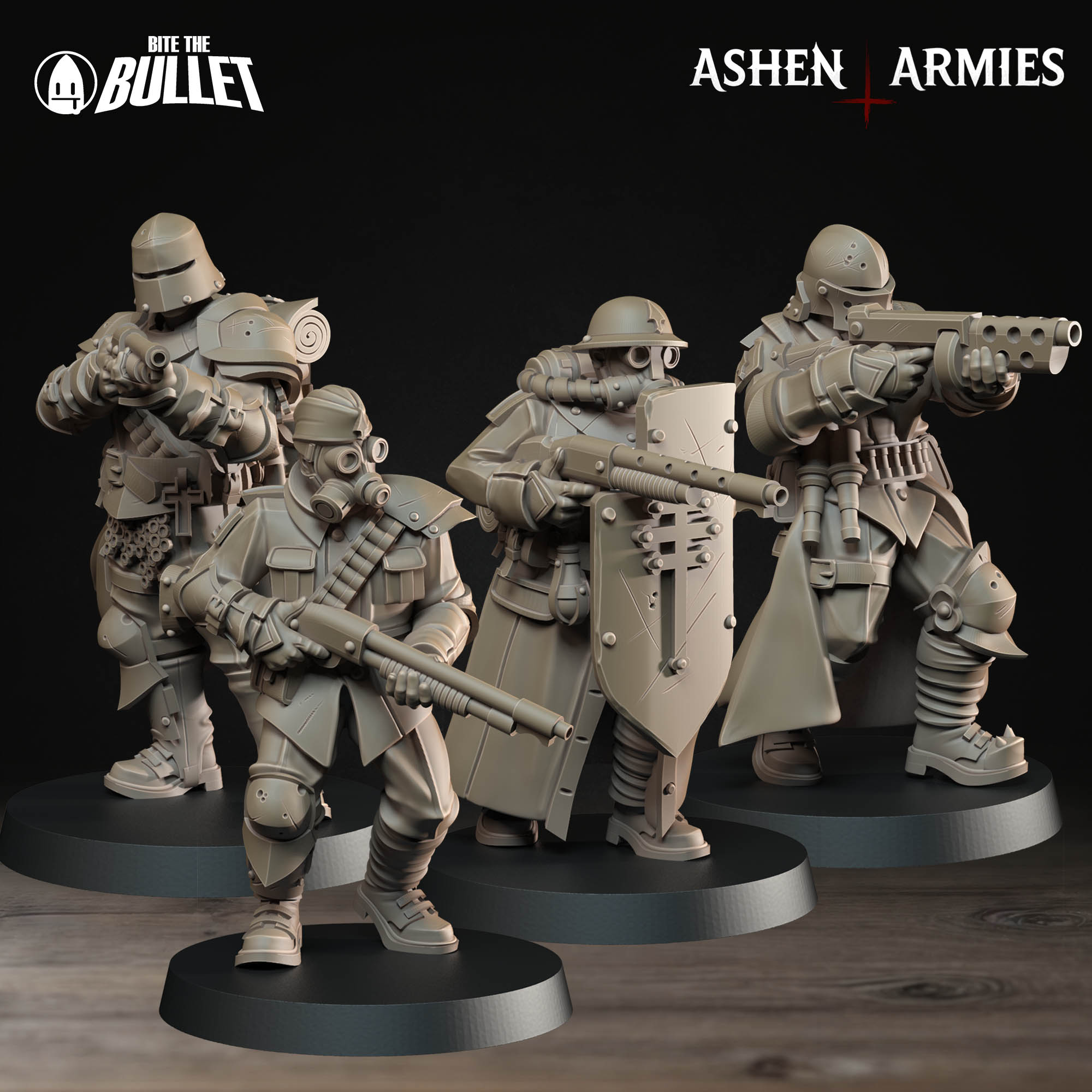 Ashen Armies Sanctified Legion Yeoman resin miniatures. Four yeomen with guns facing forward.
