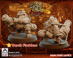 Two fantasy figurines with a decorative background featuring 'The Conquerors' logo and UGNI Games branding.