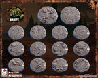Collection of round, textured game pieces with numbers and designs on a dark background.