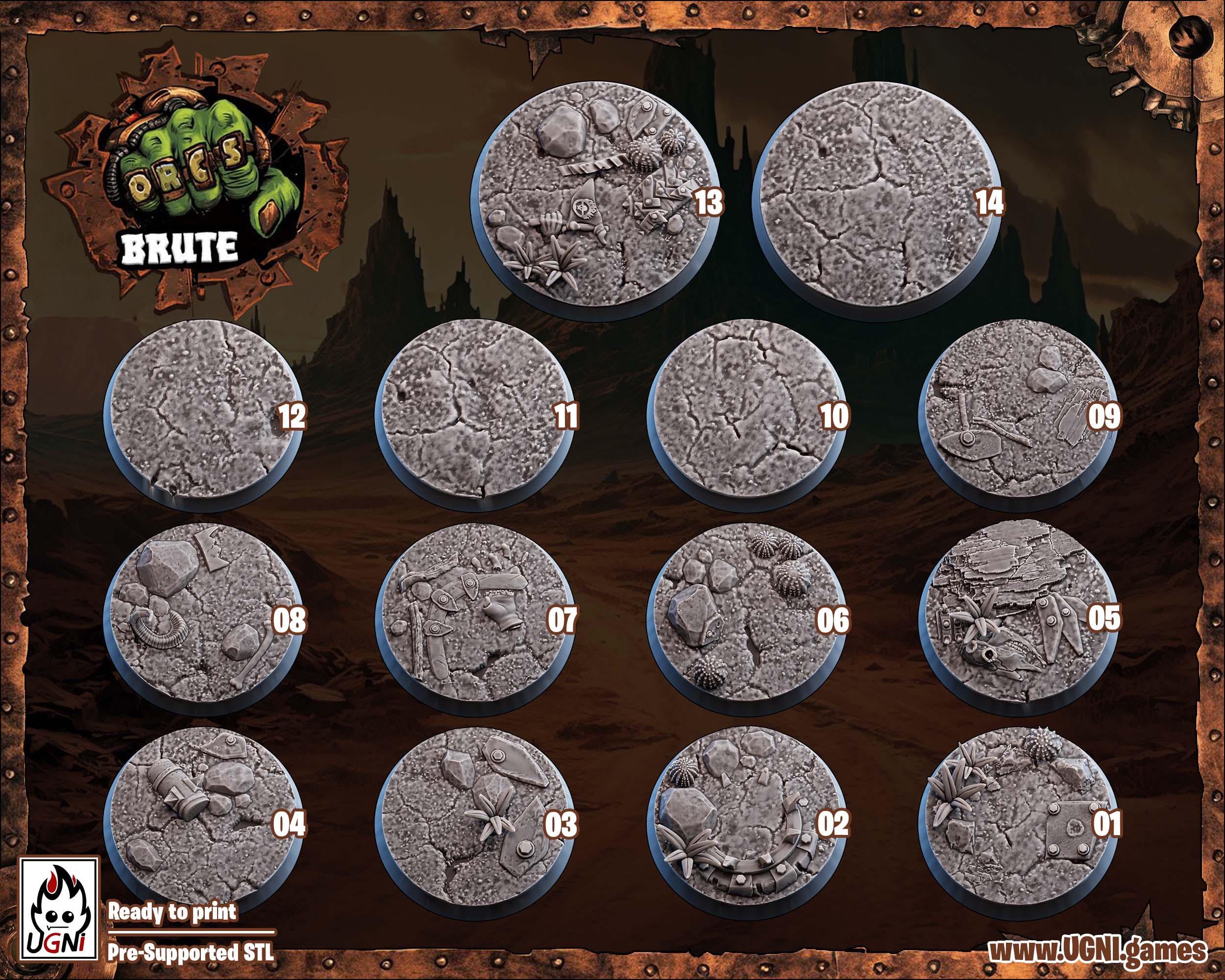 Collection of round, textured game pieces with numbers and designs on a dark background.