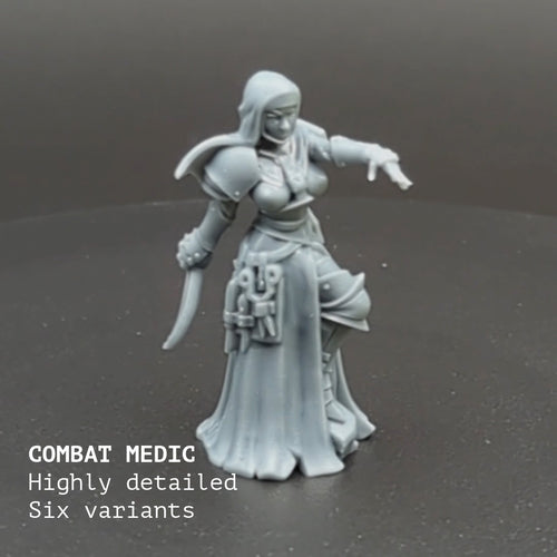 Ashen Armies Sanctified Legion Combat Medic resin miniature with knife. Rotating on turntable.