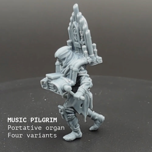 Ashen Armies Bleeding Procession Male Pilgrim resin miniature with musical organ on back. Rotating on turntable.