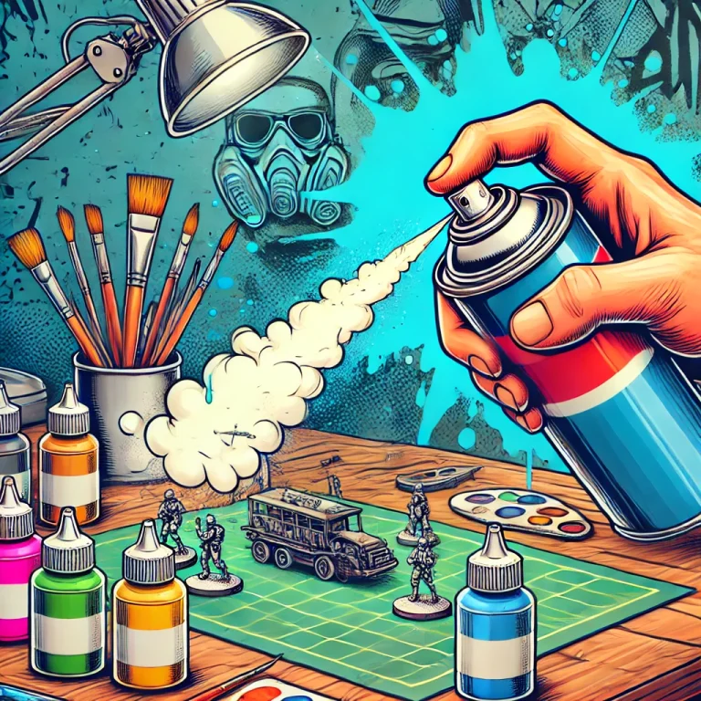 An AI generated image of an artist, spray priming a miniature. Choosing a primer.