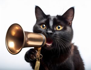 A black cat holding a megaphone
