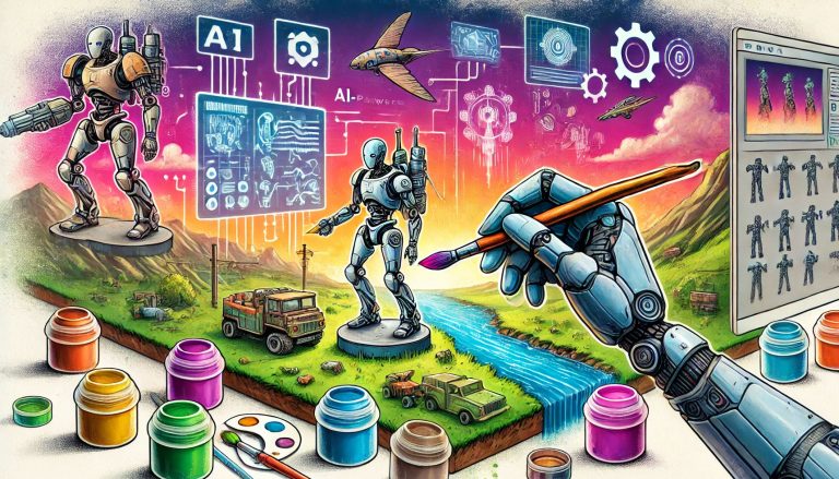 An AI generated image of a robot hand painting a tabletop gaming miniature.