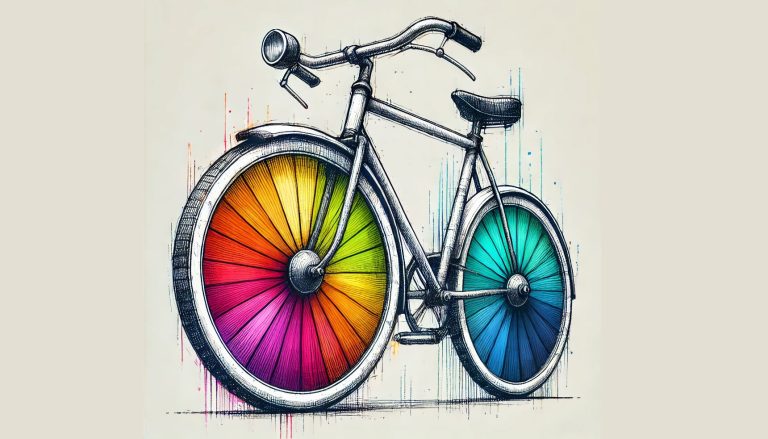 An AI generated image of a grunge style bicycle drawing, with wheels made from colour wheels.